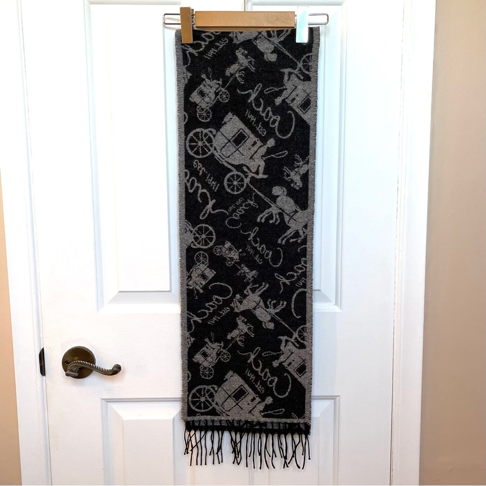Coach New York Wool and Cashmere Scarf Black & Gray Horse Carriage Signature